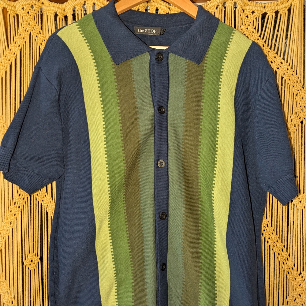 Men's Blue and Green Striped Shirt